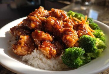 Close-up of a Honey Soy Chicken Bowl Quick Dinner Idea featuring glazed chicken pieces over white rice with bright green broccoli florets.