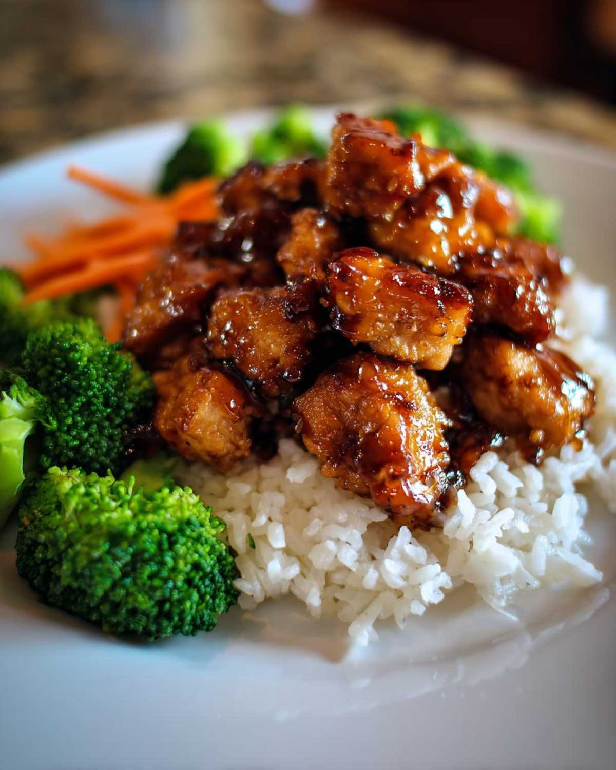 Close-up of a Honey Soy Chicken Bowl Quick Dinner Idea featuring glazed chicken pieces over white rice with steamed broccoli and carrots.