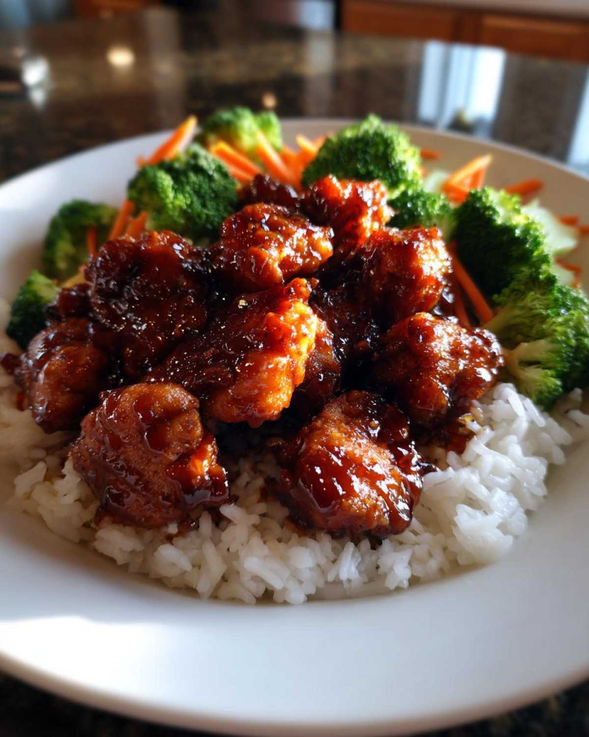 Close-up of a Honey Soy Chicken Bowl Quick Dinner Idea featuring glazed chicken pieces over white rice with steamed broccoli and carrots.