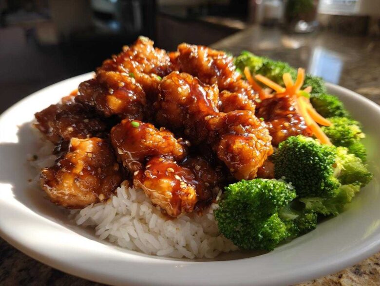 Close-up of a Honey Soy Chicken Bowl Quick Dinner Idea featuring glazed chicken pieces over white rice with bright green broccoli florets.