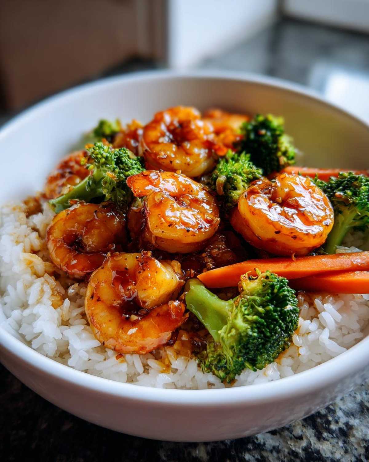 Close-up of a Honey Soy Shrimp Bowl with rice, topped with glazed shrimp, bright green broccoli, and sliced carrots.