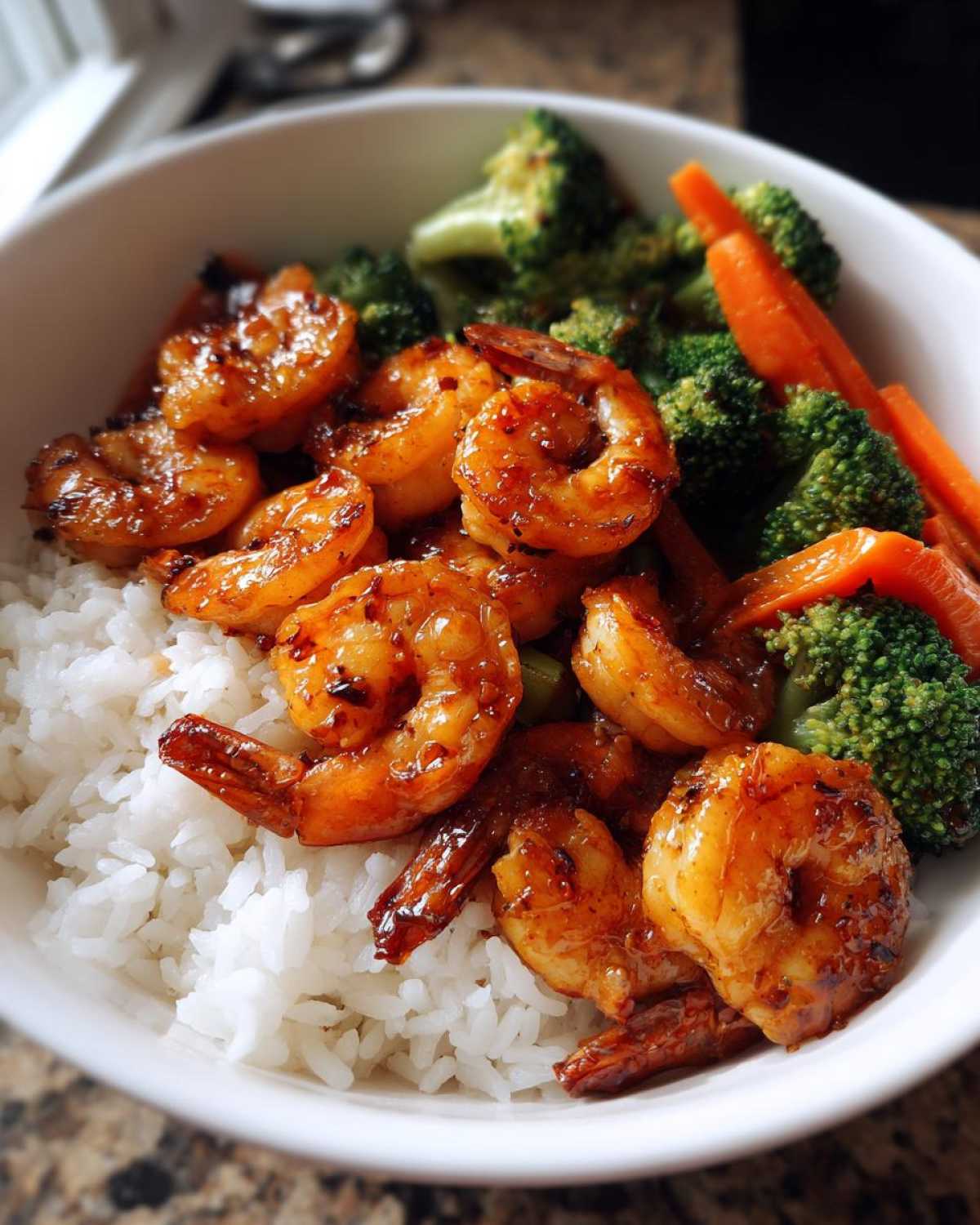 Close-up of a Honey Soy Shrimp Bowl featuring glazed shrimp served over white rice with steamed broccoli and carrots.