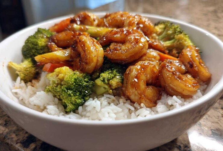 Close-up of a white bowl filled with white rice topped with glazed shrimp and bright green broccoli florets for a Honey Soy Shrimp Bowl.