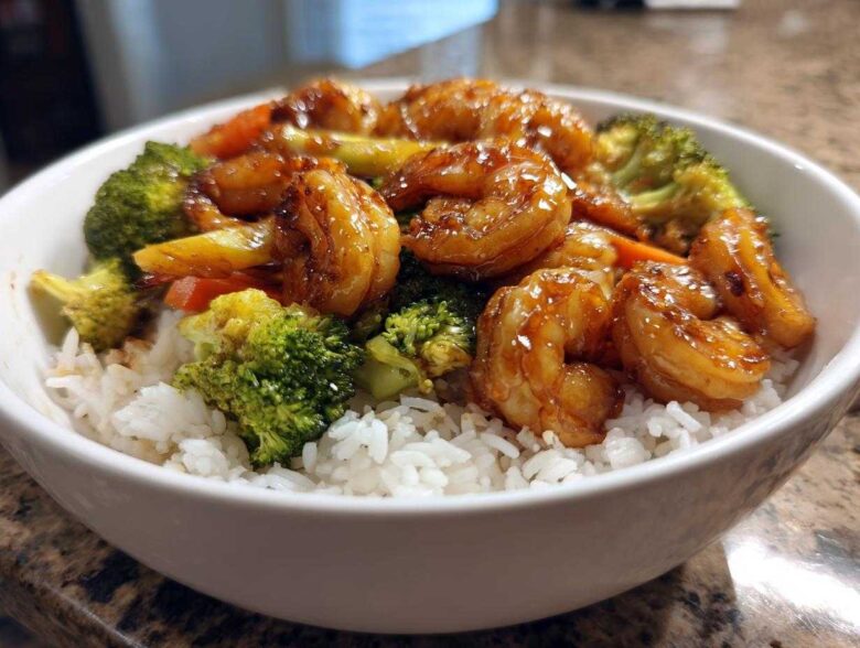 Close-up of a white bowl filled with white rice topped with glazed shrimp and bright green broccoli florets for a Honey Soy Shrimp Bowl.