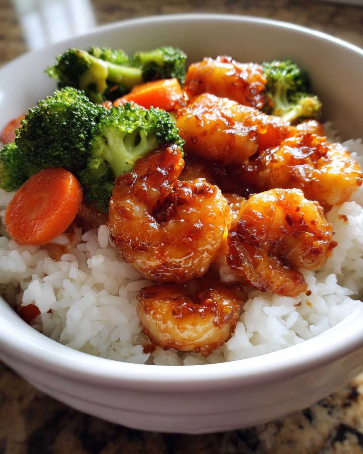 Close-up of a Honey Soy Shrimp Bowl with rice, glazed shrimp, steamed broccoli, and sliced carrots.
