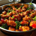 Close-up of Honey Sriracha Chicken Skillet pieces coated in a sweet and spicy glaze, mixed with broccoli florets.