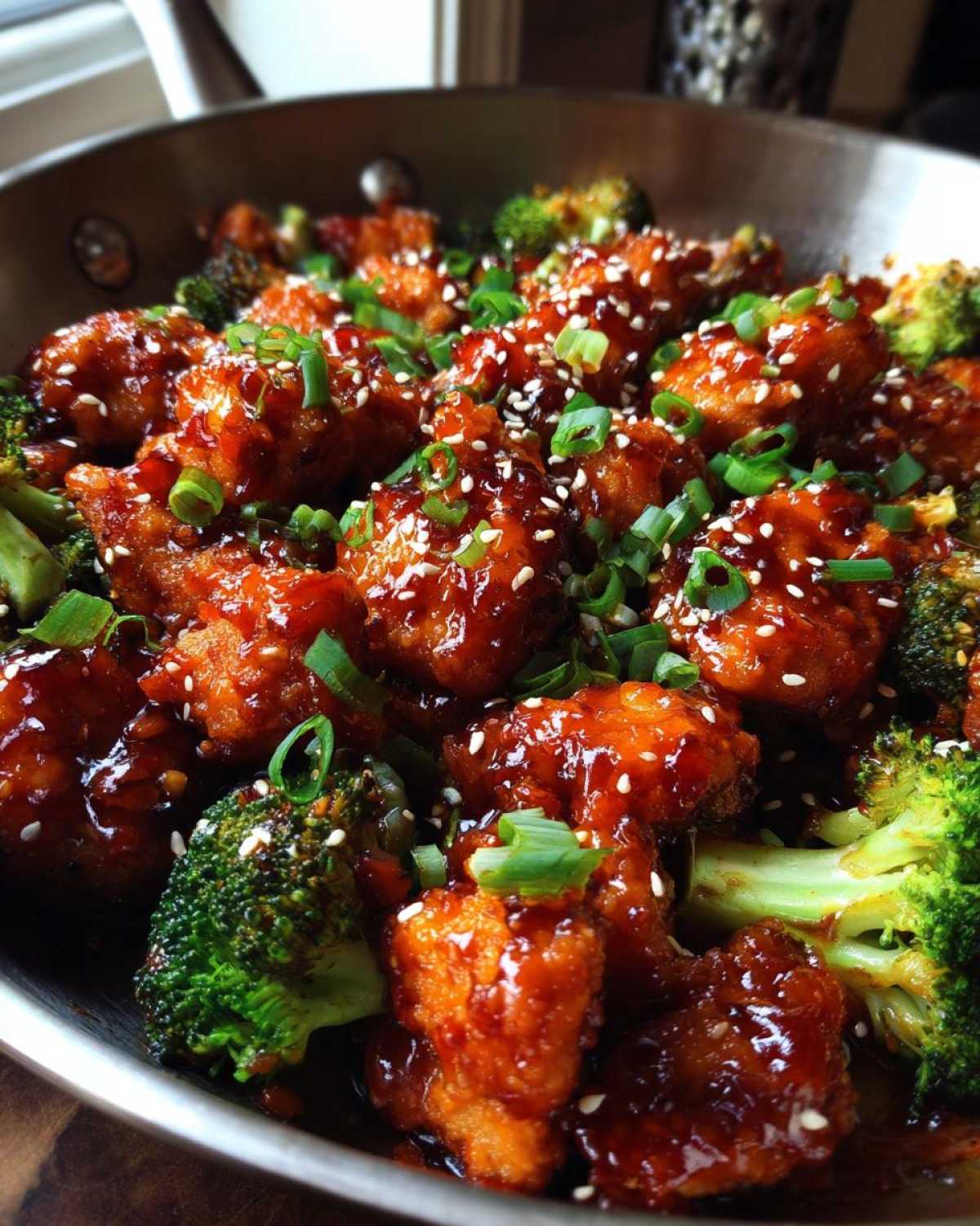 Close-up of Honey Sriracha Chicken Skillet pieces coated in glossy sauce, mixed with broccoli florets and topped with sesame seeds and green onions.