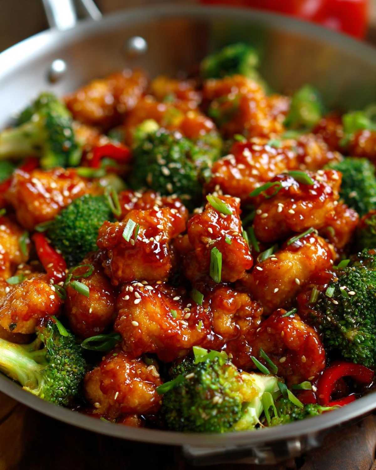Close-up of Honey Sriracha Chicken Skillet pieces coated in glaze with bright green broccoli florets.