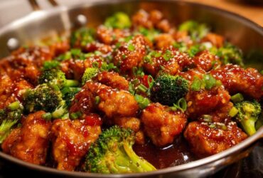 Close-up of Honey Sriracha Chicken Skillet pieces coated in glaze with bright green broccoli florets.