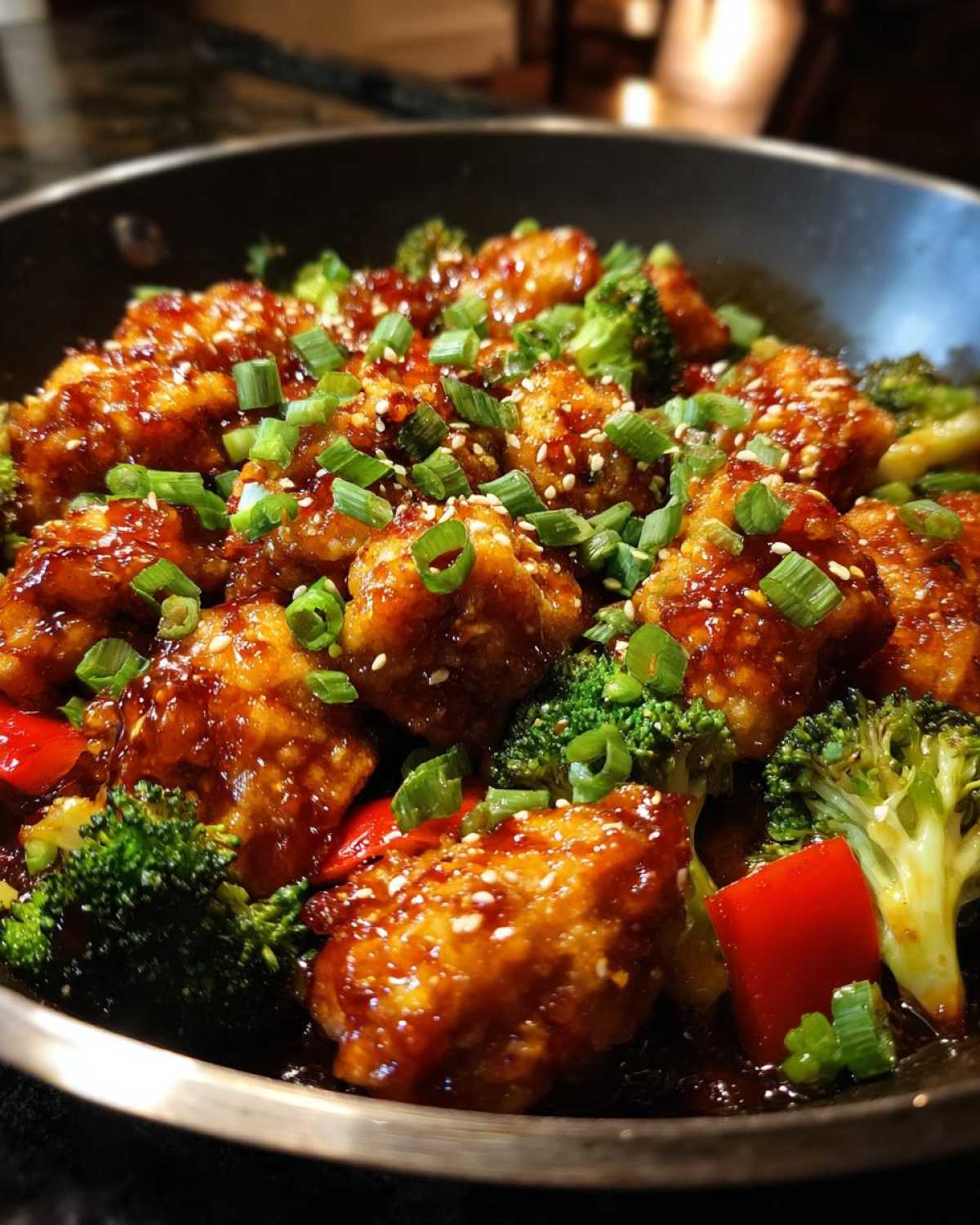 Close-up of Honey Sriracha Chicken Skillet pieces coated in a glossy sauce with broccoli and garnished with green onions.