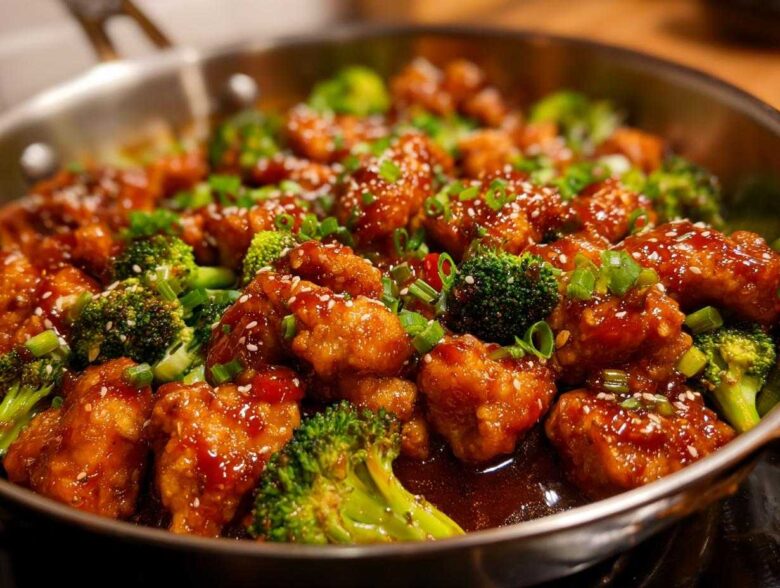 Close-up of Honey Sriracha Chicken Skillet pieces coated in glaze with bright green broccoli florets.