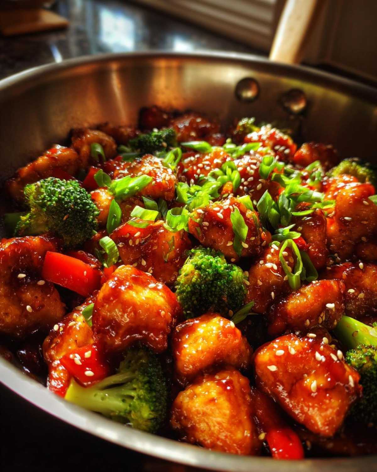 Close-up of Honey Sriracha Chicken Skillet pieces coated in sauce with broccoli, red peppers, and green onions.