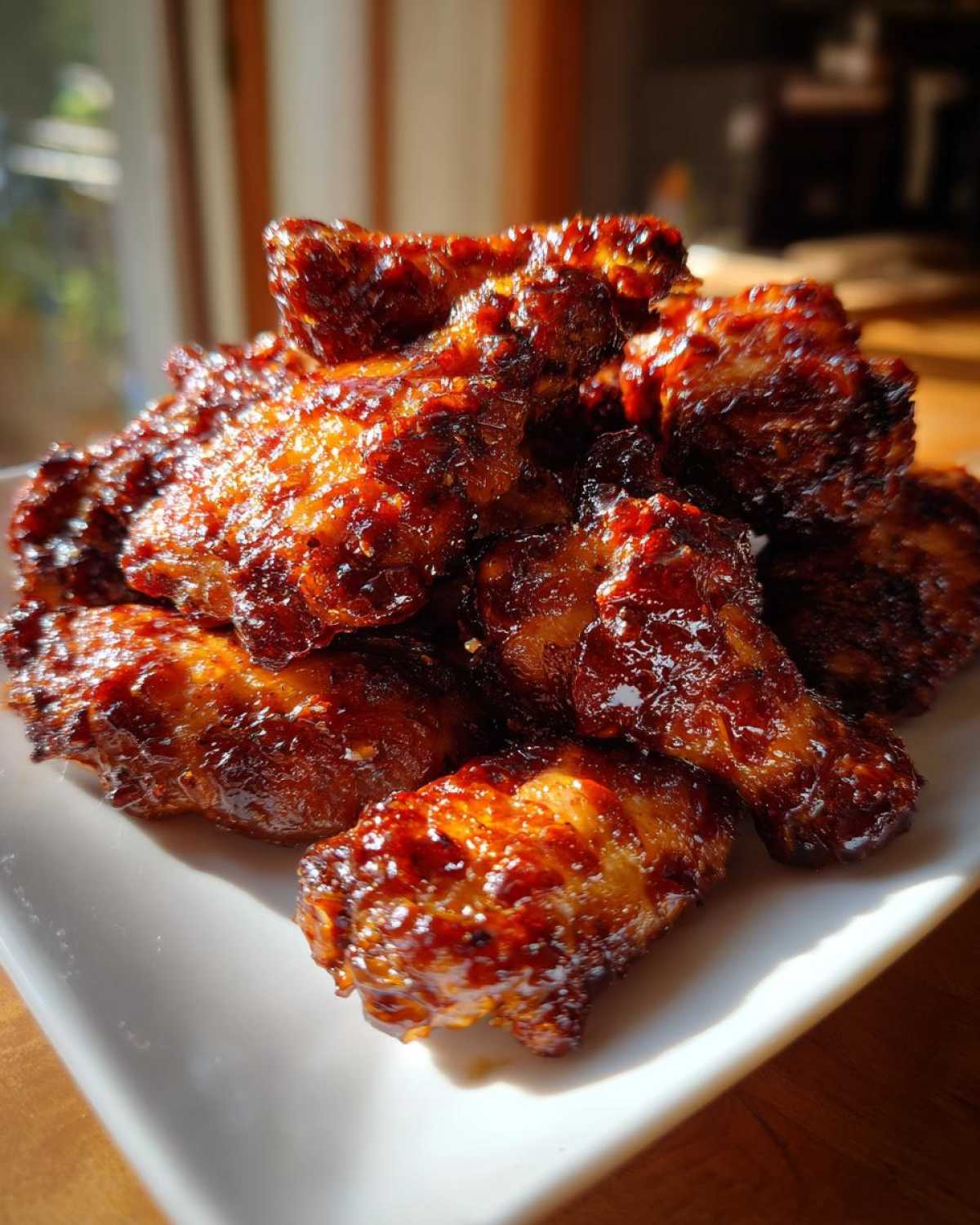 A close-up of a pile of sticky and crispy Honey Sriracha Chicken Wings glistening under warm light.