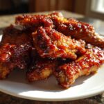 A pile of sticky and crispy Honey Sriracha Chicken Wings glistening under bright light on a white plate.