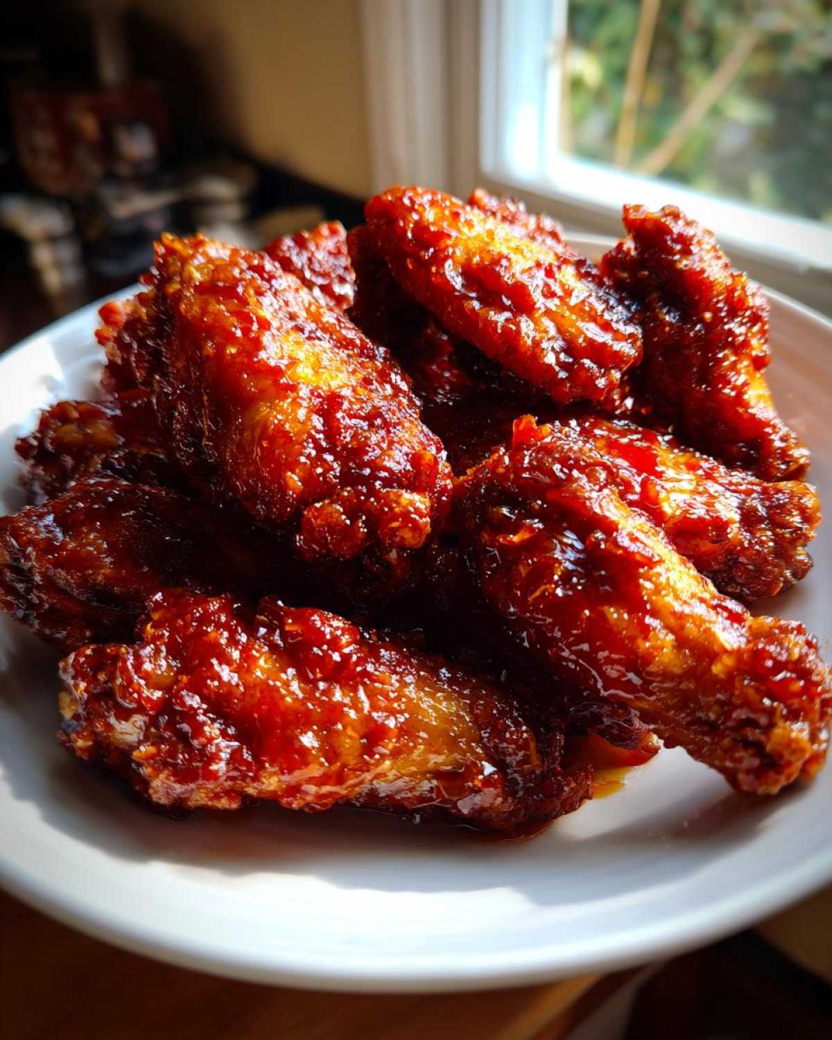 A close-up of crispy Honey Sriracha Chicken Wings coated in a glossy, dark red glaze piled on a white plate.