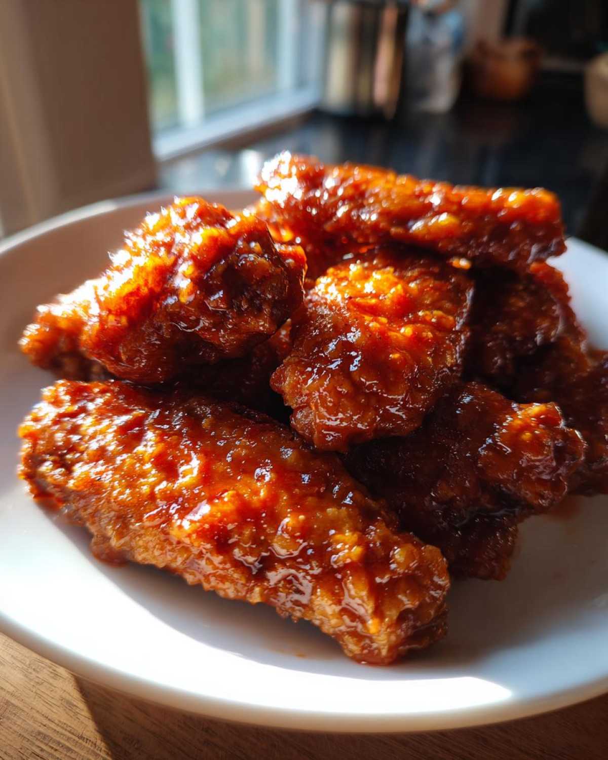 Close-up of several sticky and crispy Honey Sriracha Chicken Wings piled on a white plate.