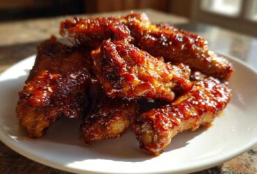 A pile of sticky and crispy Honey Sriracha Chicken Wings glistening under bright light on a white plate.