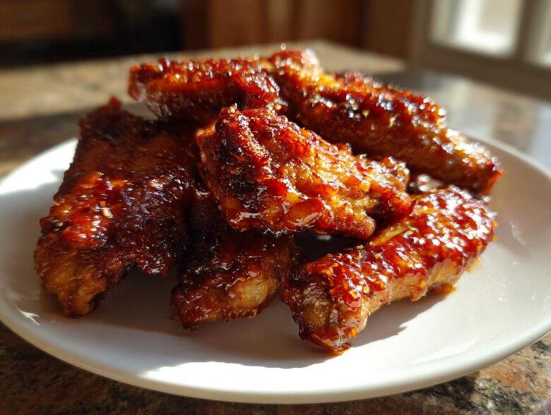 A pile of sticky and crispy Honey Sriracha Chicken Wings glistening under bright light on a white plate.