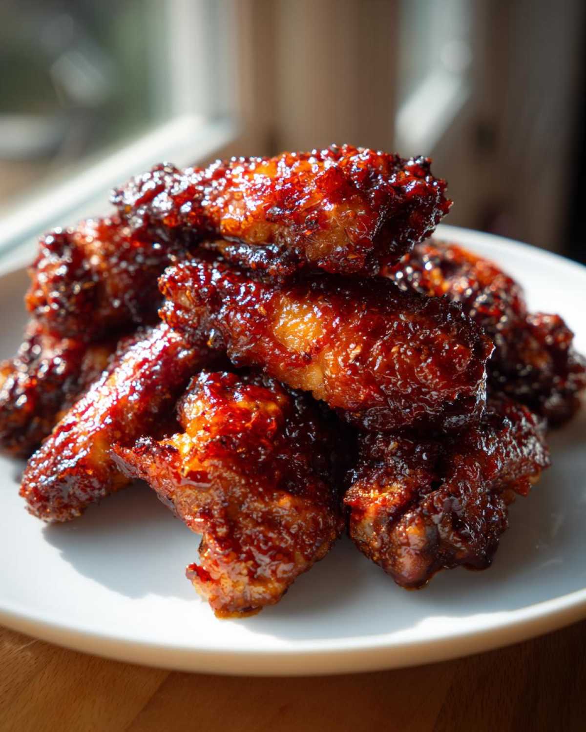 A close-up stack of sticky and crispy Honey Sriracha Chicken Wings glistening under natural light on a white plate.