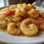A close-up of succulent Lemon Butter Shrimp with Garlic Flavor glistening in a rich sauce on a white plate.