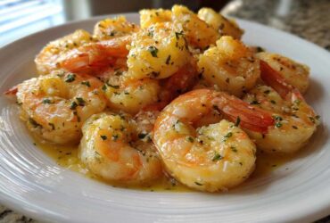 A close-up of succulent Lemon Butter Shrimp with Garlic Flavor glistening in a rich sauce on a white plate.