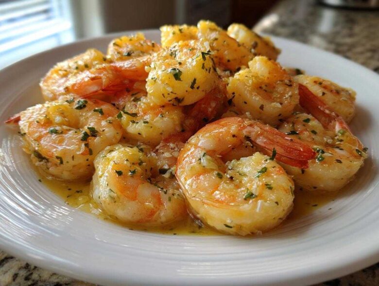 A close-up of succulent Lemon Butter Shrimp with Garlic Flavor glistening in a rich sauce on a white plate.