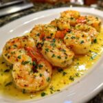 Plump shrimp sautéed in a rich, yellow lemon butter sauce dotted with minced garlic and fresh parsley, showcasing the Lemon Butter Shrimp with Garlic Flavor.