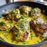 Close-up of seared chicken pieces smothered in a rich, yellow Lemon Cream Chicken with Fresh Herbs Sauce and topped with chopped chives.