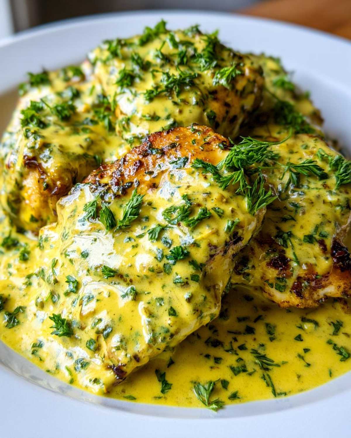 Close-up of seared chicken breasts smothered in a rich, yellow Lemon Cream Chicken with Fresh Herbs Sauce.