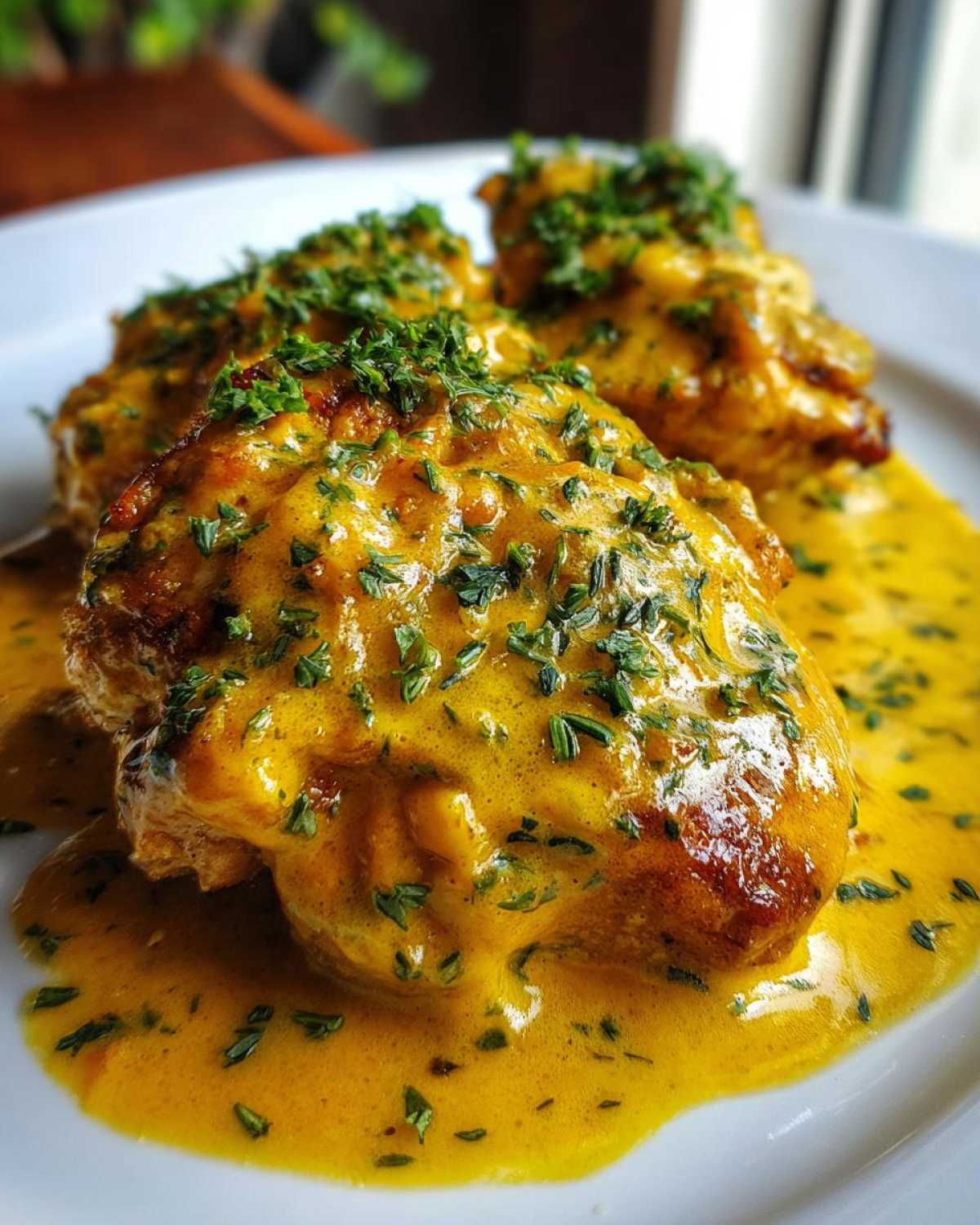 Three pieces of golden chicken smothered in a rich, yellow Lemon Cream Chicken with Fresh Herbs Sauce and topped with chopped parsley.