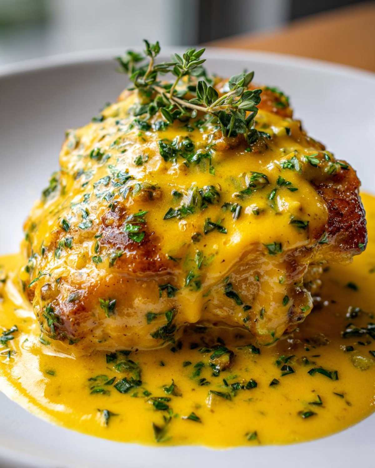 A close-up of seared chicken smothered in bright yellow Lemon Cream Chicken with Fresh Herbs Sauce, garnished with thyme.