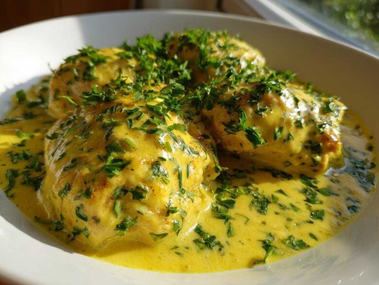 Close-up of tender chicken breasts smothered in a vibrant yellow Lemon Cream Chicken with Fresh Herbs Sauce.