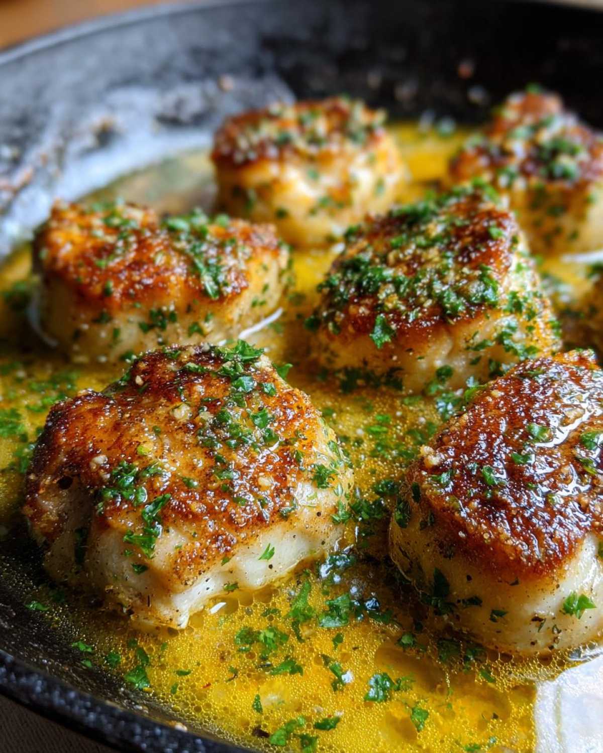 Close-up of seared chicken pieces simmering in a rich lemon garlic butter sauce, topped with fresh parsley.
