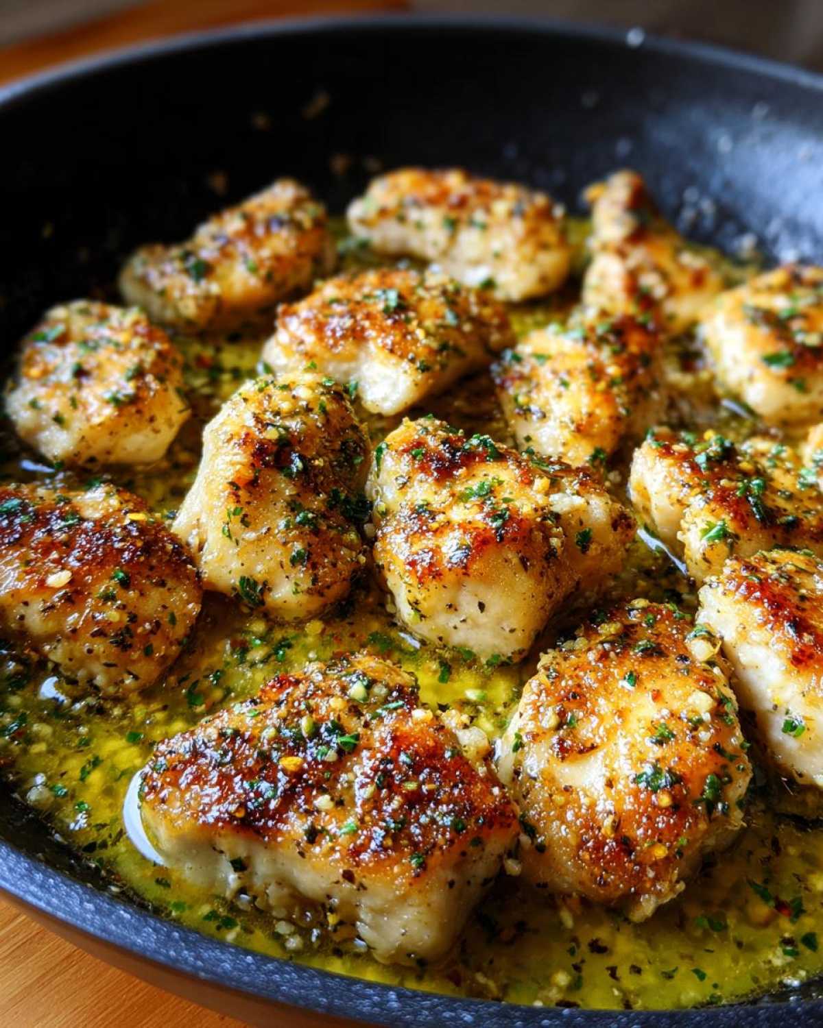 Close-up of golden brown chicken pieces simmering in lemon garlic butter sauce in a black skillet.