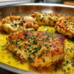 Close-up of golden-brown chicken breasts simmering in a bright lemon garlic butter sauce, topped with fresh parsley.