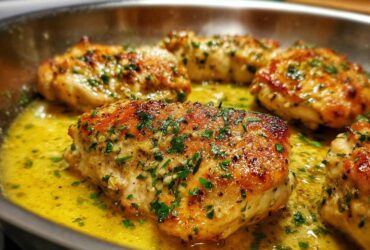 Close-up of golden-brown chicken breasts simmering in a bright lemon garlic butter sauce, topped with fresh parsley.