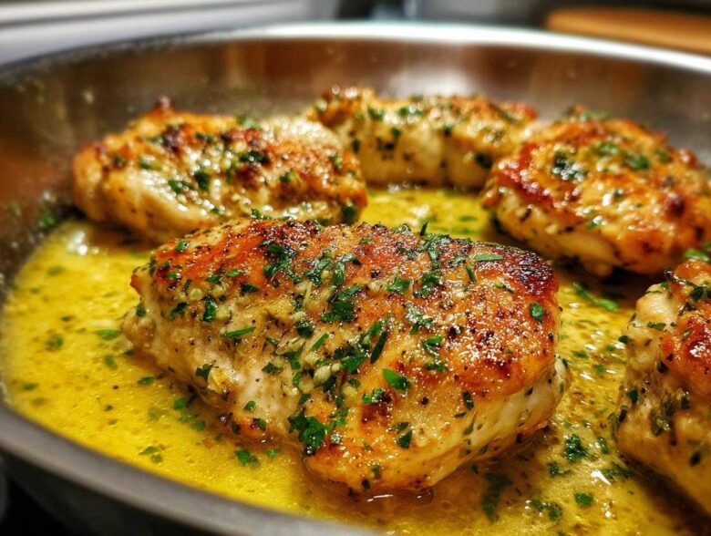 Close-up of golden-brown chicken breasts simmering in a bright lemon garlic butter sauce, topped with fresh parsley.