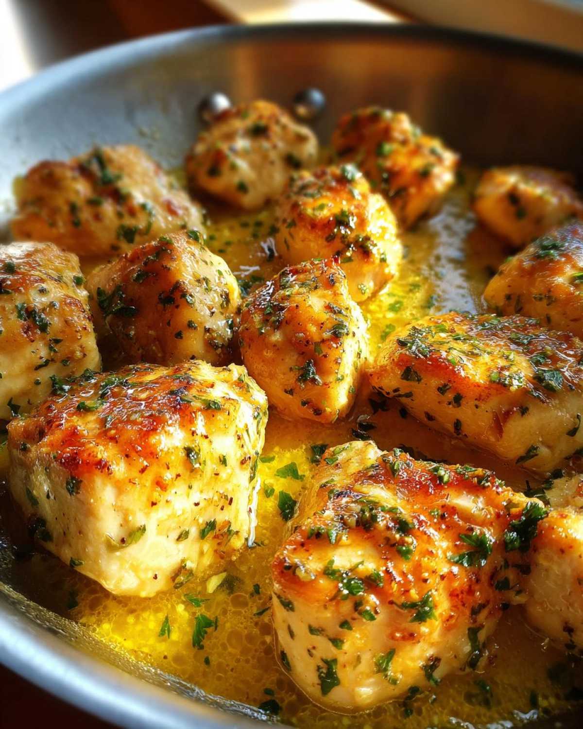 Close-up of seared chicken pieces simmering in bright lemon garlic butter sauce with fresh parsley.