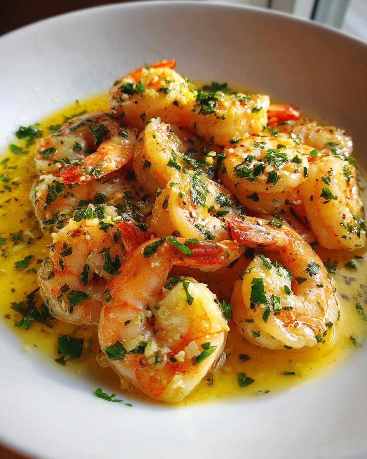 Plump shrimp coated in rich lemon garlic butter sauce and fresh parsley, ready to eat from the Lemon Garlic Butter Shrimp Skillet Recipe.