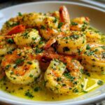 Close-up of plump shrimp coated in a rich lemon garlic butter sauce and fresh parsley.