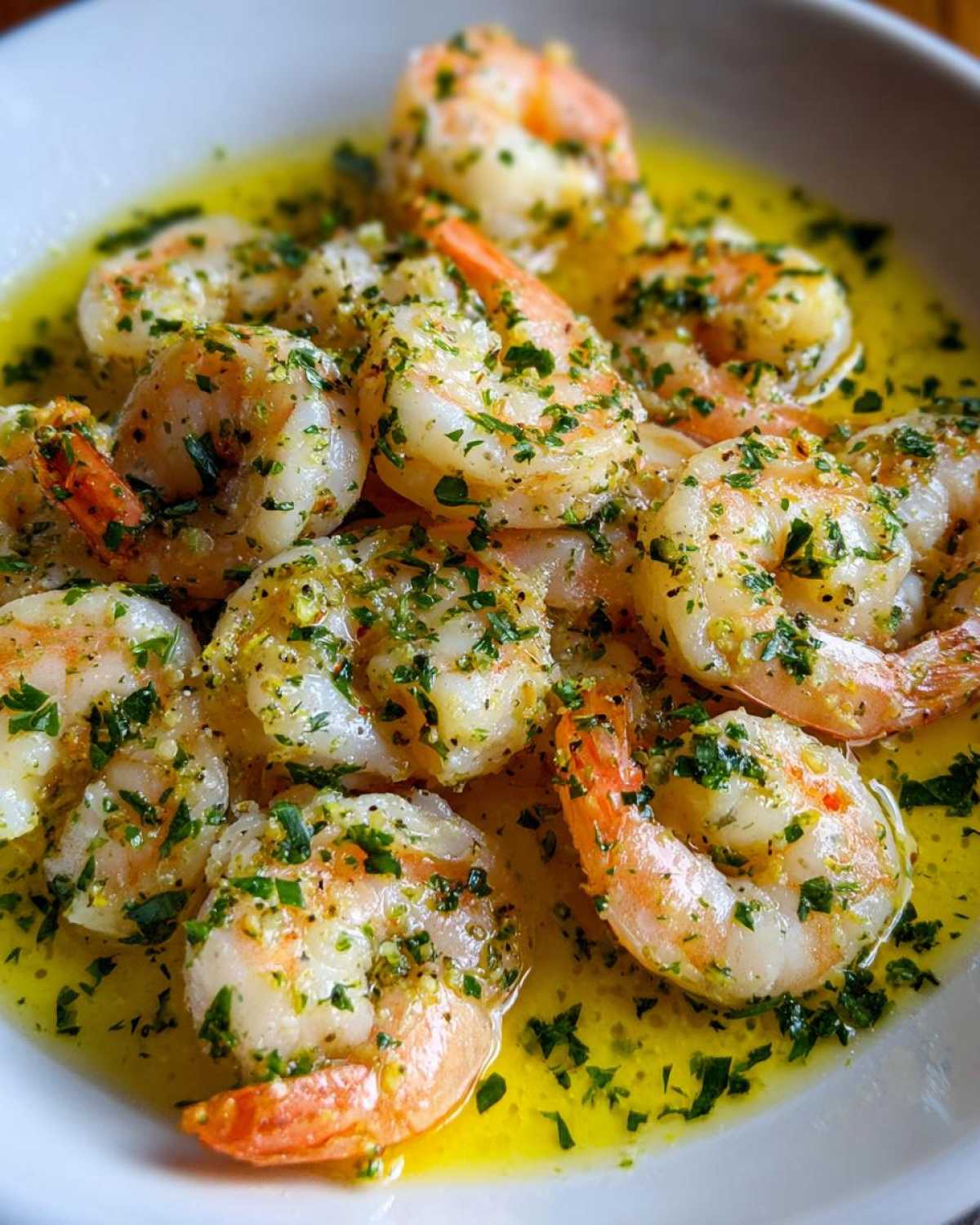 Close-up of succulent shrimp coated in lemon garlic butter sauce and fresh parsley.