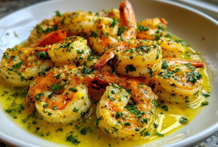 Close-up of plump shrimp coated in a rich lemon garlic butter sauce and fresh parsley.