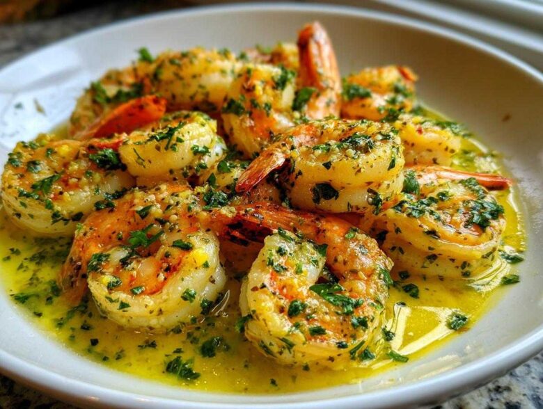Close-up of plump shrimp coated in a rich lemon garlic butter sauce and fresh parsley.