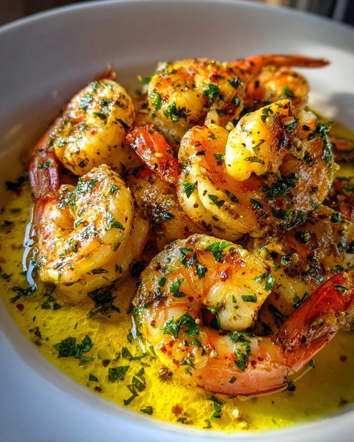 Close-up of succulent shrimp coated in lemon garlic butter sauce and fresh parsley, ready to serve from the Lemon Garlic Butter Shrimp Skillet Recipe.