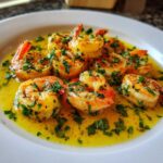 Close-up of cooked shrimp swimming in rich lemon garlic butter sauce, garnished with fresh parsley.