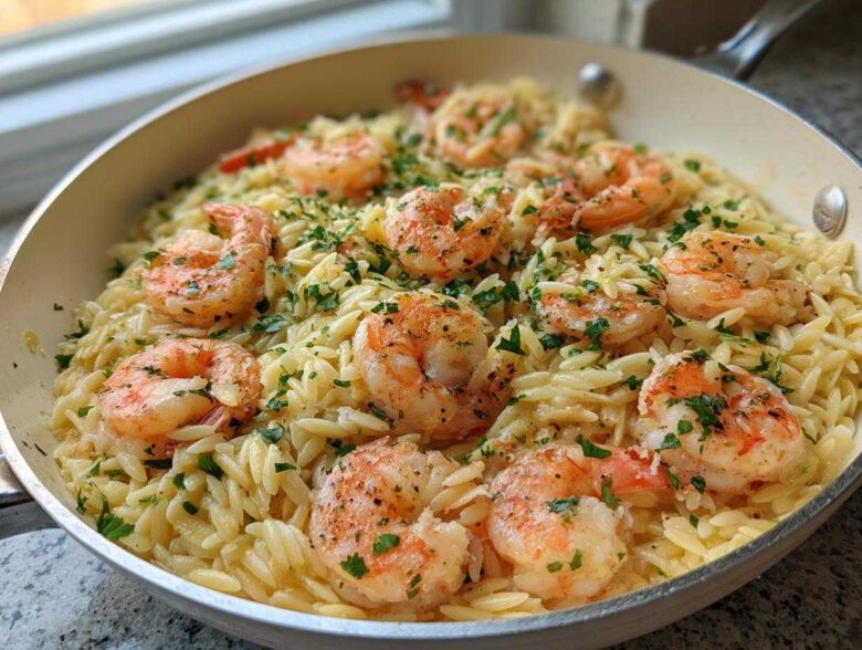 Close-up of a one-pan Lemon Garlic Shrimp Orzo Dinner topped with fresh parsley in a light-colored skillet.