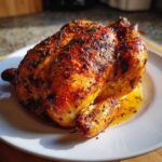 A whole, perfectly roasted Lemon Herb Roasted Chicken with incredibly crispy, herb-crusted skin, resting in its juices.