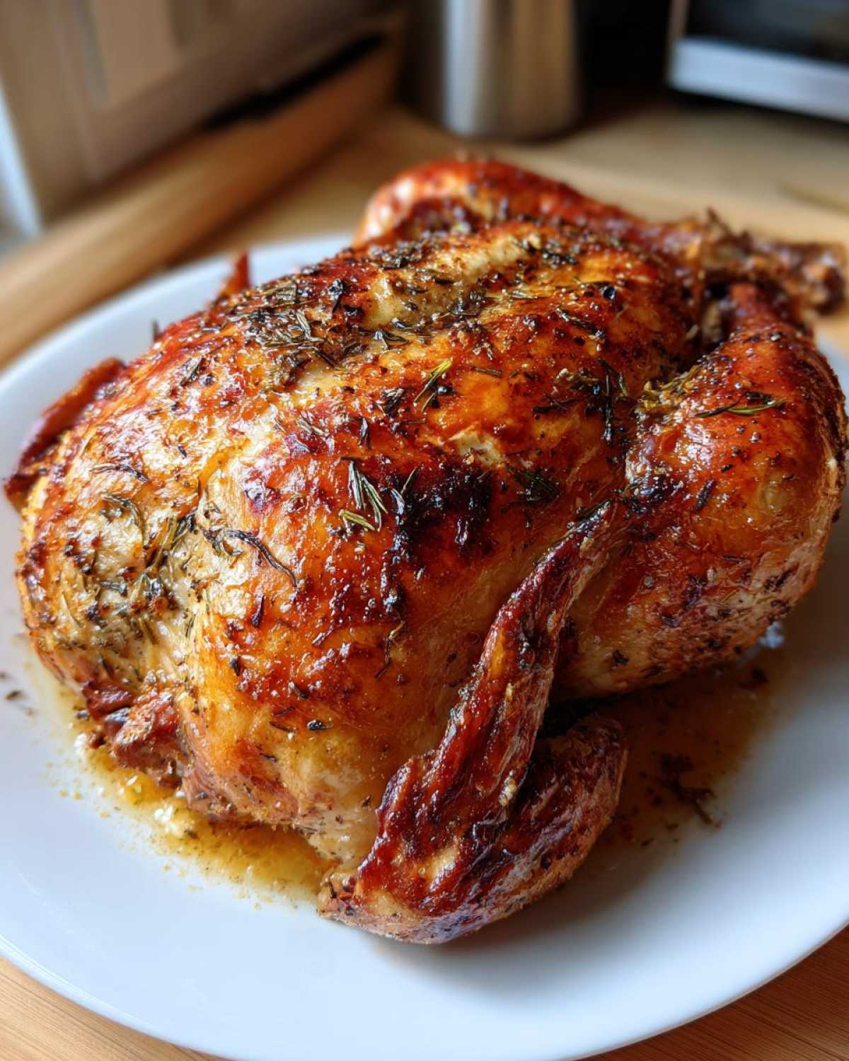 A whole, perfectly roasted chicken with golden, crispy skin seasoned with herbs, ready to serve.