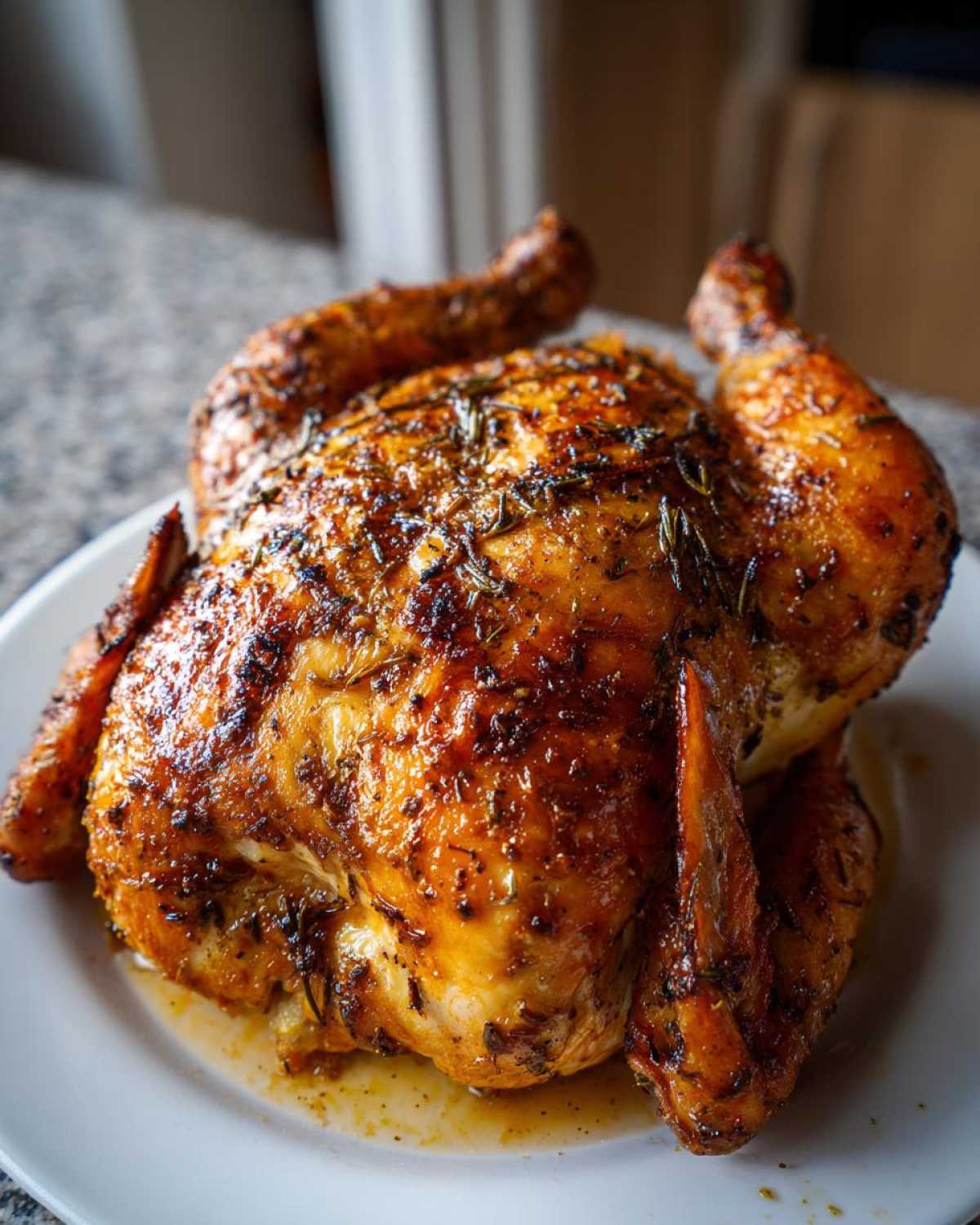 A whole, golden-brown Lemon Herb Roasted Chicken with visibly crispy skin resting on a white plate.