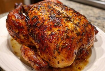 A beautifully browned whole Lemon Herb Roasted Chicken with glossy, crispy skin covered in herbs.